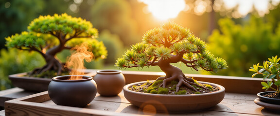 Bonsai trees in peaceful tea ceremony at sunset, cultural garden event