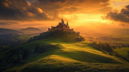 Obraz premium Majestic Castle Upon Verdant Hill at Sunset