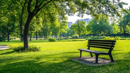Tranquil Park Bench Under Lush Green Trees