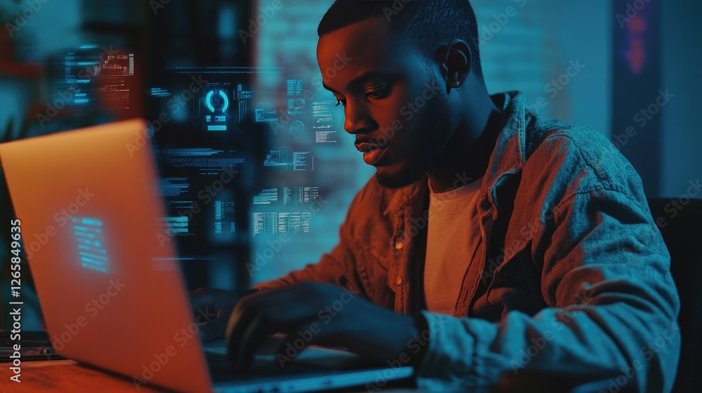 Poster a man interacting with a virtual ai assistant on his laptop, with futuristic digital overlays repres