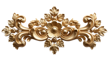 Golden Baroque Ornament Floral Design, Vintage Decorative Element for Royal Themes, isolated on transparent background.