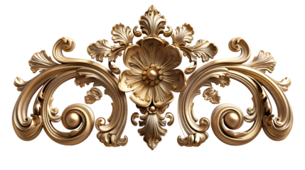 Gold Ornate Floral Design Baroque Decorative Element, Luxury Rococo Frame with Motifs, isolated on transparent background.