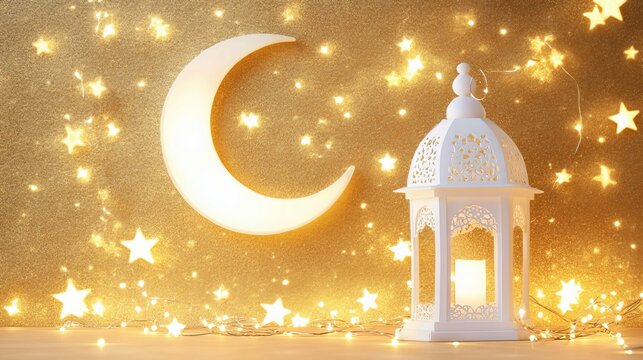 Ramadan is a sacred month for Muslims, and its arrival is marked by the appearance of the new moon. This image depicts a white crescent moon, a symbol of Ramadan, along with a white lantern 