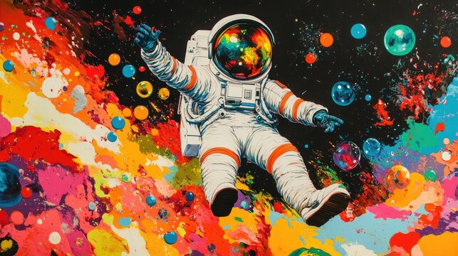 A vibrant pop art painting of an astronaut floating amidst colorful bubbles in a surreal alien landscape, showcasing generative AI artistry