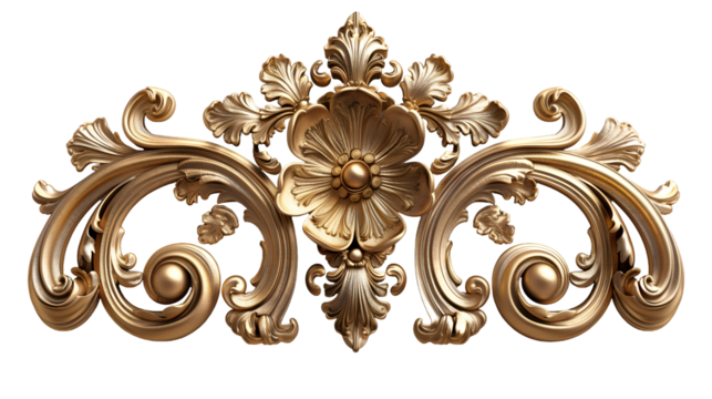 Gold Ornate Floral Design Baroque Decorative Element, Luxury Rococo Frame with Motifs, isolated on transparent background.