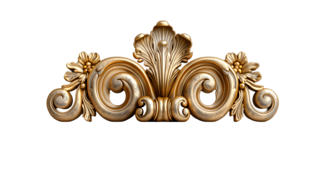 Gold Ornament Baroque Decorative Design, Luxury Architectural Detail for White Themes, isolated on transparent background.