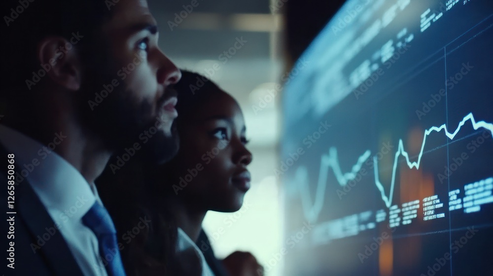 Poster diverse business team analyzing financial data on a large screen display