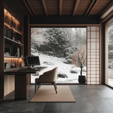 Modern office interior with a view of a snowy landscape