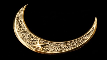 Ornate Golden Crescent Moon with Star Design on Black Background