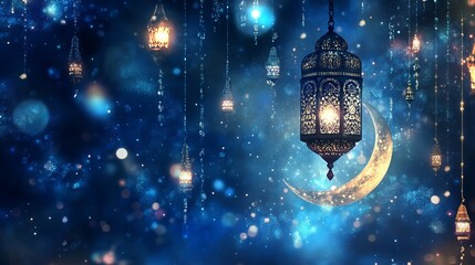 Ramadan Kareem. End of fasting. Hari Raya card. Eid al-Fitr decoration. Islamic lantern near mosque with night sky with crescent moon and stars. Breaking of holy fast day. Muslim holiday. 