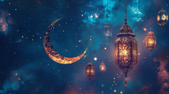 Ramadan Kareem. End of fasting. Hari Raya card. Eid al-Fitr decoration. Islamic lantern near mosque with night sky with crescent moon and stars. Breaking of holy fast day. Muslim holiday. 