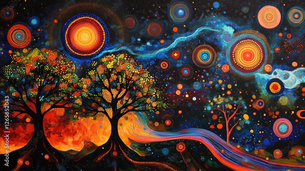 Poster abstract dot-painting where trees and celestial orbs pulse with energy, connected through intricate 