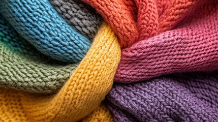 A vibrant arrangement of knitted fabric showcasing a variety of colors and textures, creating a cozy and inviting visual appeal.
