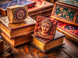 Hindi Language Wooden Stamps & Old Books - Vintage Portrait Photography