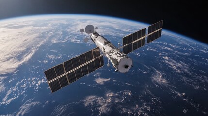Obraz premium A stunning view of a space station orbiting Earth, featuring solar panels and a detailed structure against the backdrop of the planet's atmosphere.