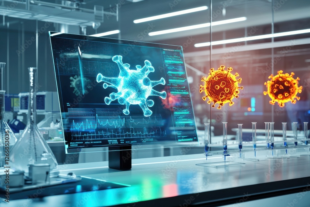 Poster a futuristic laboratory environment analyzing a virus on a computer screen, representing scientific 