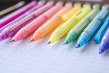 Fototapeta premium A collection of colorful gel pens is neatly arranged on an open planner, showcasing vibrant hues that invite creative expression and organized planning for daily activities