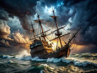 Fototapeta premium Historic Pirate Ship Battling Tempestuous Waves - Dramatic Ocean Voyage