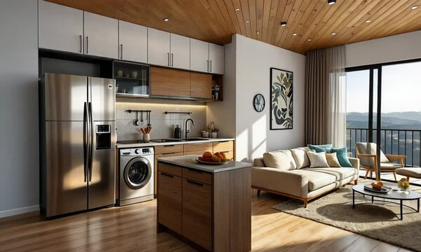 modern kitchen interior with fireplace