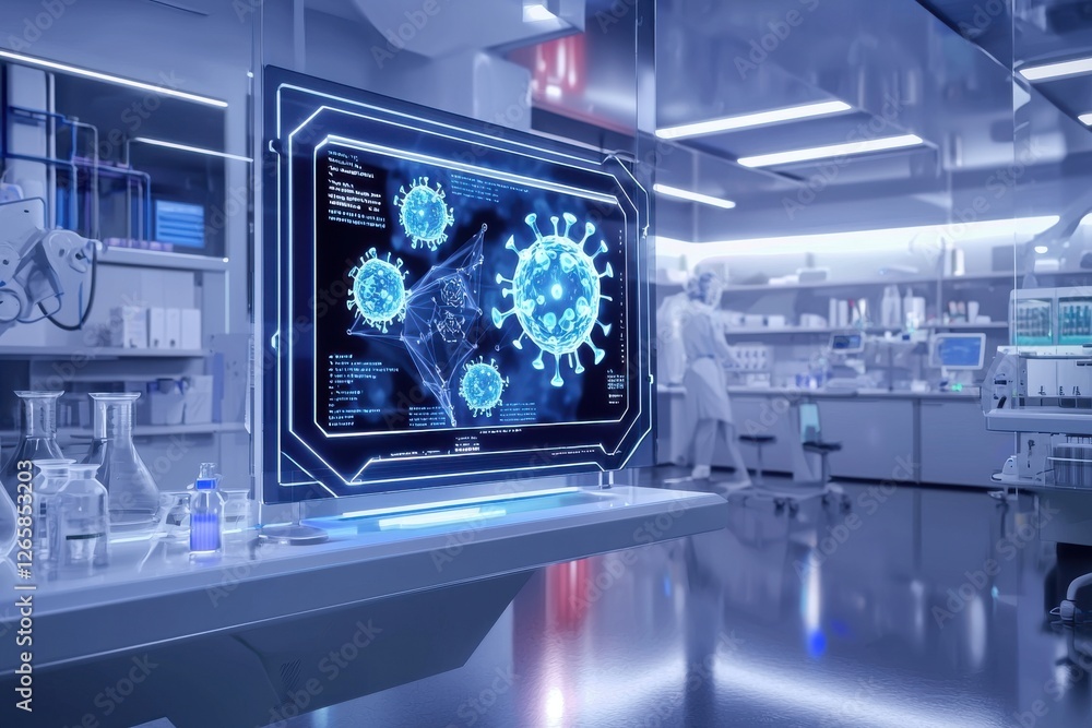 Aufkleber a futuristic laboratory environment analyzing a virus displayed on a computer screen, representing s