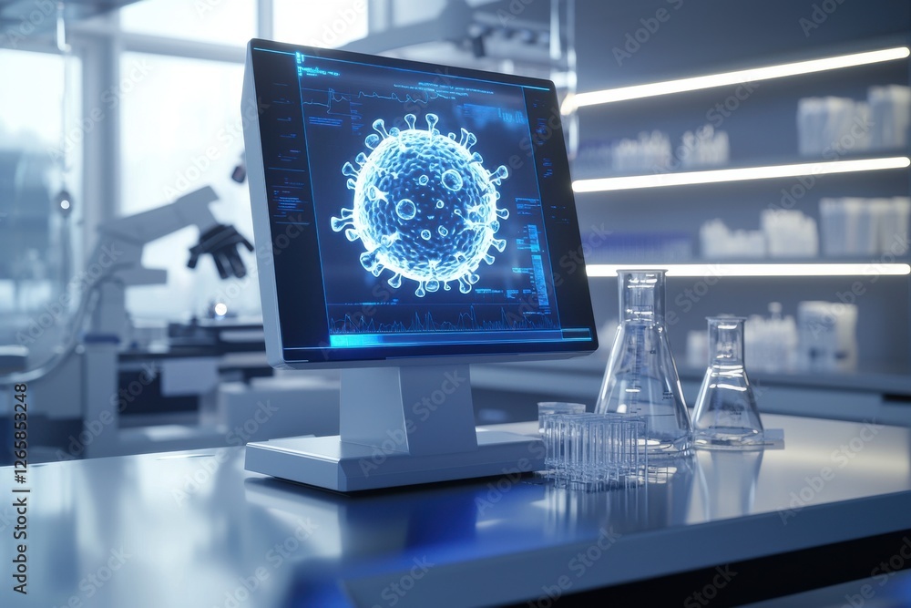 Aufkleber a close-up shot of a computer screen displaying a 3d rendering of a virus in a laboratory environmen