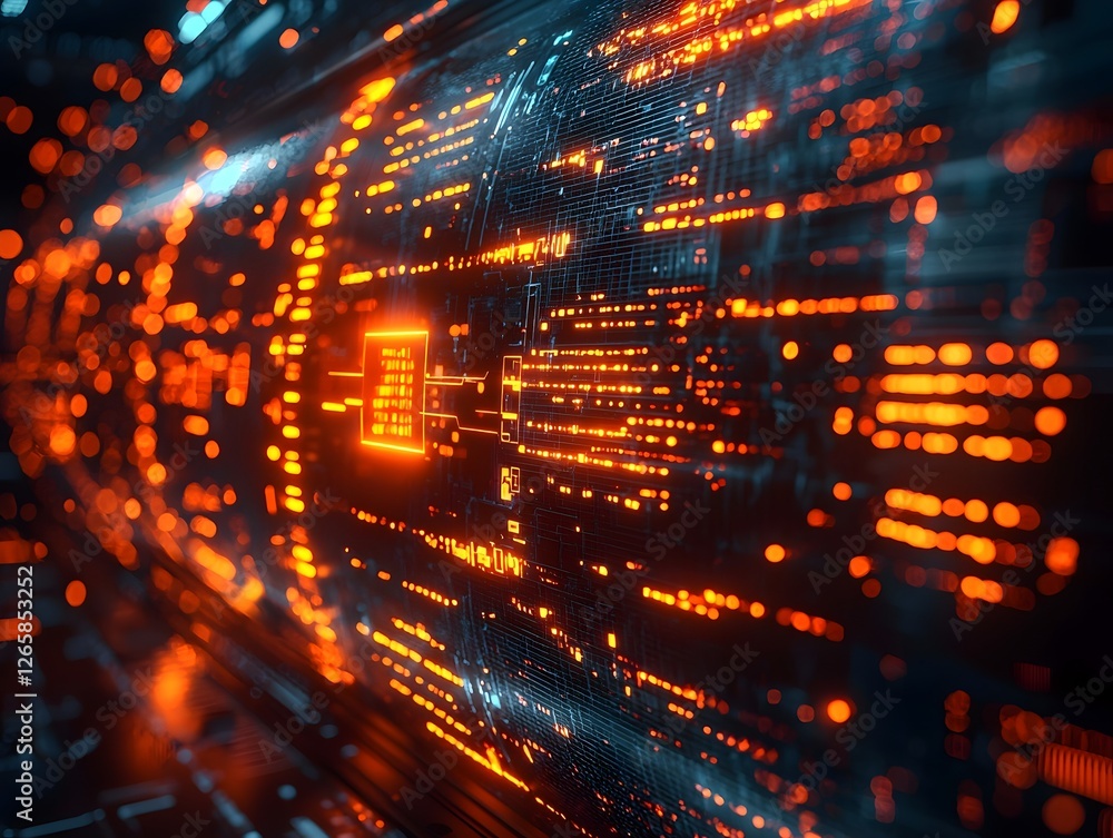 Poster holographic interface showcasing quantum computing simulations and complex data streams