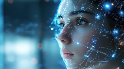 A futuristic portrait of a woman with a digital overlay of glowing connections, symbolizing technology and artificial intelligence.
