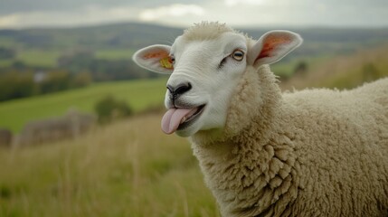 Obraz premium Sheep playfully sticking out its tongue, a moment of lighthearted charm.
