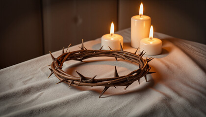 Handmade crown of thorns on linen cloth with candles, evoking sacred Maundy Thursday mood