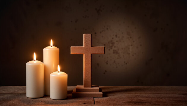 Three lit candles around a wooden cross, warm light creating a peaceful atmosphere - Powered by Adobe