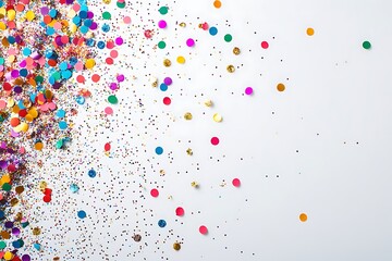 Celebration vibes with multicolor confetti and glitter on a solid white background.