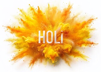 Holi Festival Explosion: Bright Yellow Orange Paint Powder Burst Isolated on White Background - Industrial Print Design
