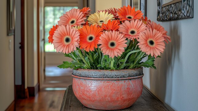 Colorful gerbera daisies in terracotta pot, hallway, home decor