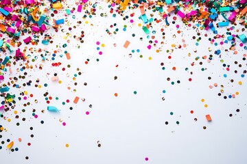 Celebration vibes with multicolor confetti and glitter on a solid white background.