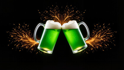 Two glowing green beer mugs clinking together with golden sparks, celebration for St. Patrick's Day