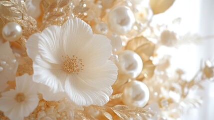 Delicate white and gold flower arrangement with floating pearl-like spheres, reflective metallic leaves, and lush botanical layers.