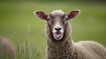 Obraz premium Sheep playfully sticking out its tongue, a moment of lighthearted charm.
