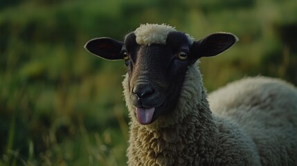 Sheep playfully sticking out its tongue, a moment of lighthearted charm.