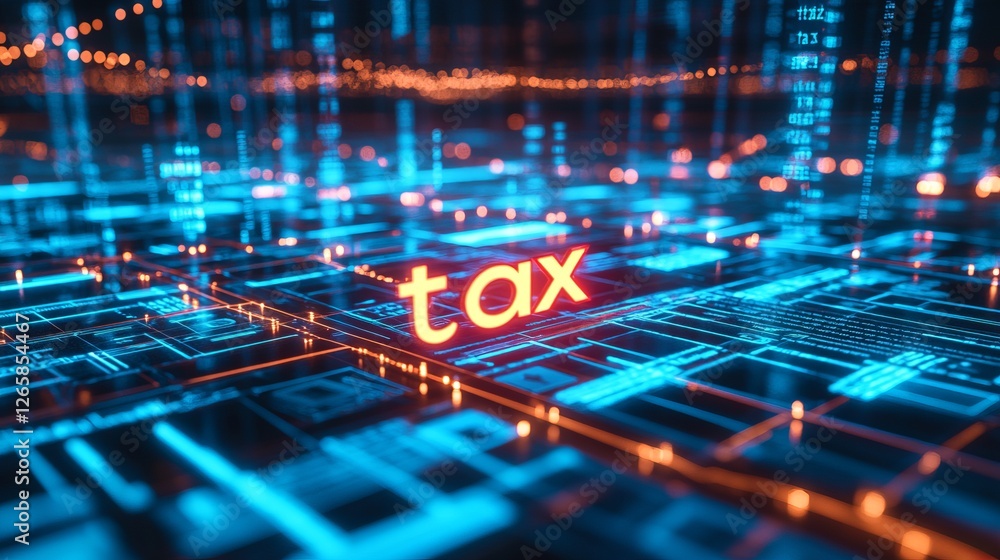 Poster digital tax concept with glowing circuit board and data flow.