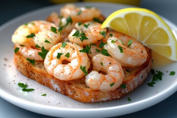 Saut&eacute;ed Shrimp Bruschetta. Perfectly grilled shrimp on crispy toasts topped with fresh herbs and lemon 