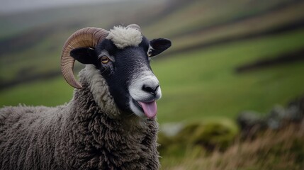 Fototapeta premium Sheep playfully sticking out its tongue, a moment of lighthearted charm.