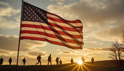 Tattered American flag waving in the wind with silhouettes of soldiers, Vietnam War Veterans Day