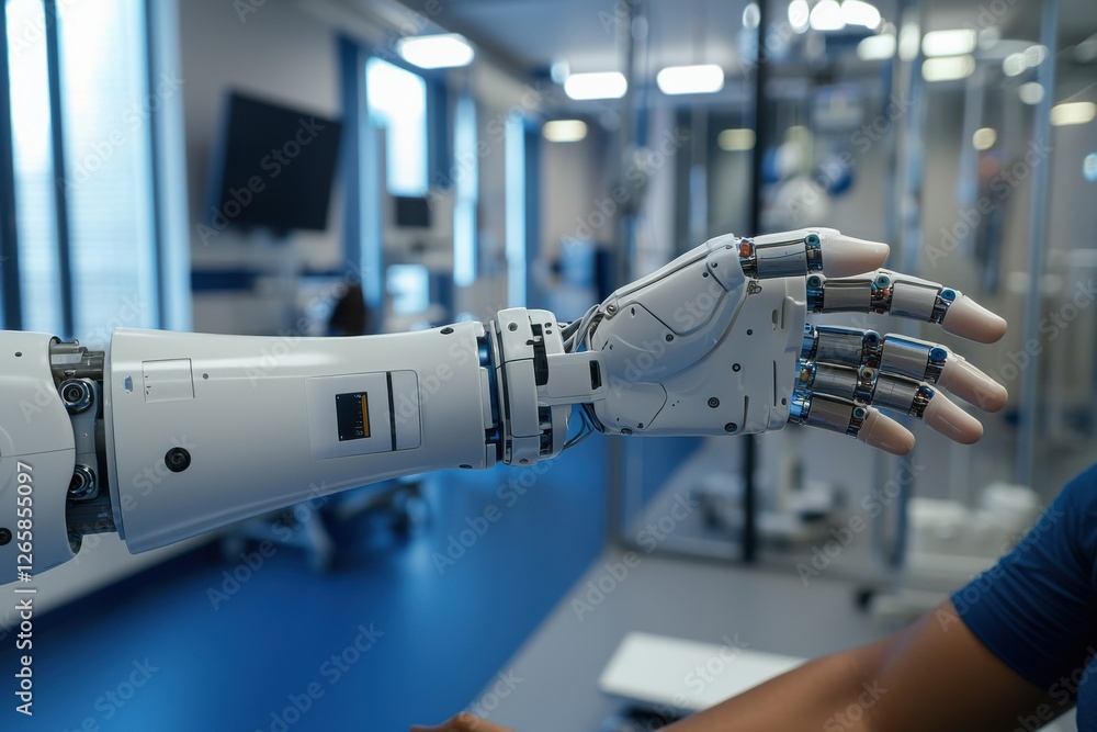 Poster close-up of a robotic arm with highly detailed fingers, showcasing the advancements in artificial in