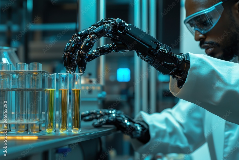 Aufkleber a scientist with a robotic arm conducts research in a lab, exploring the intersection of human exper
