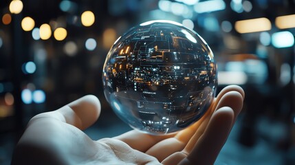 Fototapeta premium A crystal-clear sphere held in a hand reflects a vibrant urban scene, illuminated by colorful lights in the background, creating a mystical atmosphere.