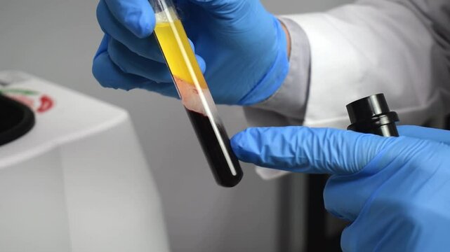 Medical Doctor Describing Separate Layers of Blood Platelet Rich Plasma PRP White Labcoat Blue Gloves