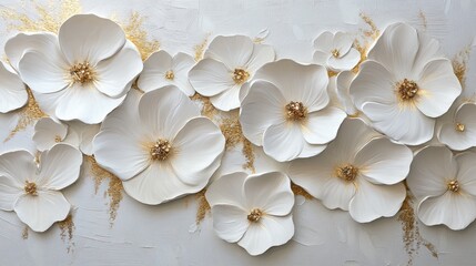 Elegant floral wall with sculpted white petals, gold detailing, and luminous accents forming a mesmerizing botanical art piece.