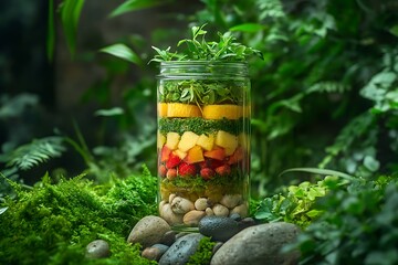 A beautifully crafted terrarium-inspired drink served in a glass jar with layers of fruit and herbs, nestled among greenery and rocks.