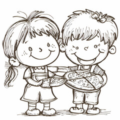 Happy Children Sharing Pizza. A Cute Cartoon Illustration