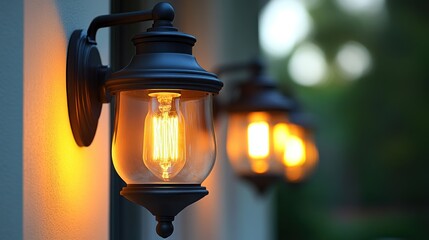 Exterior wall sconces illuminating a home's facade at dusk